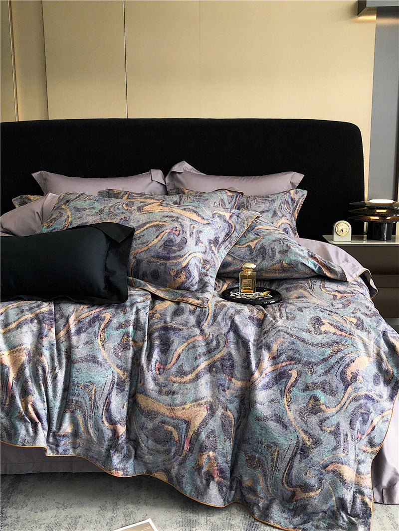 HKM-983763 Geometric Floral Long-Staple Cotton Four-Piece Bedding Set for Twin and Full Beds