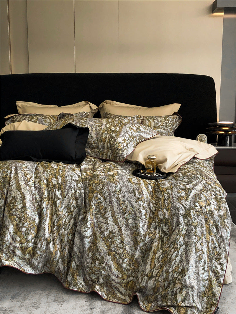 HKM-983763 Geometric Floral Long-Staple Cotton Four-Piece Bedding Set for Twin and Full Beds
