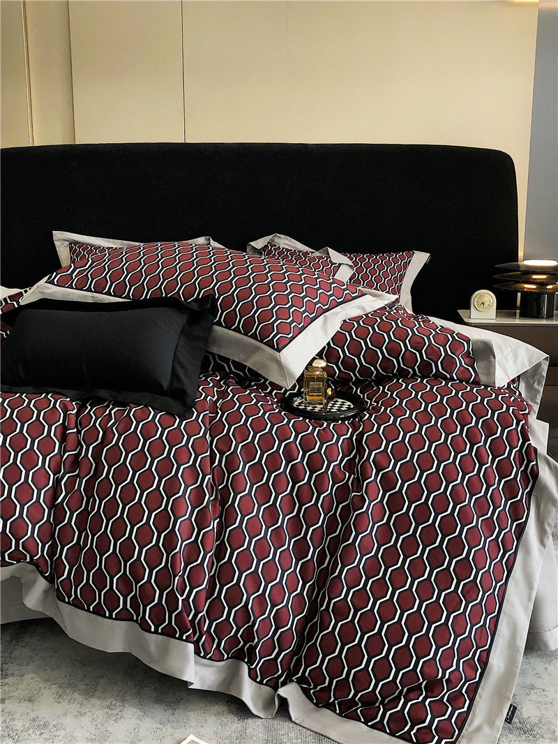 HKM-983763 Geometric Floral Long-Staple Cotton Four-Piece Bedding Set for Twin and Full Beds