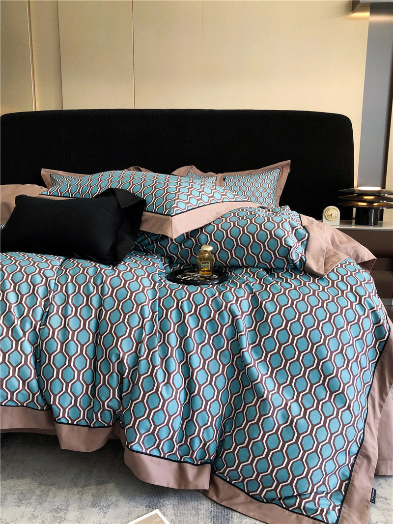 HKM-983763 Geometric Floral Long-Staple Cotton Four-Piece Bedding Set for Twin and Full Beds