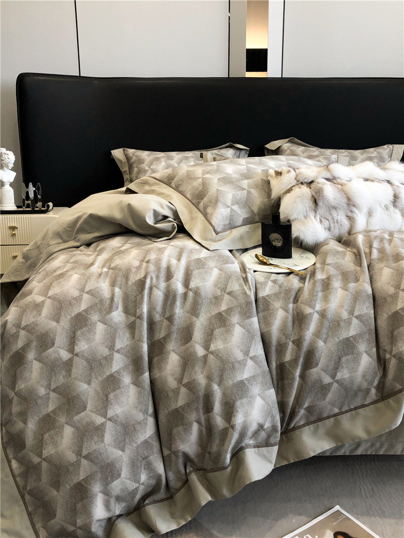 HKM-983763 Geometric Floral Long-Staple Cotton Four-Piece Bedding Set for Twin and Full Beds