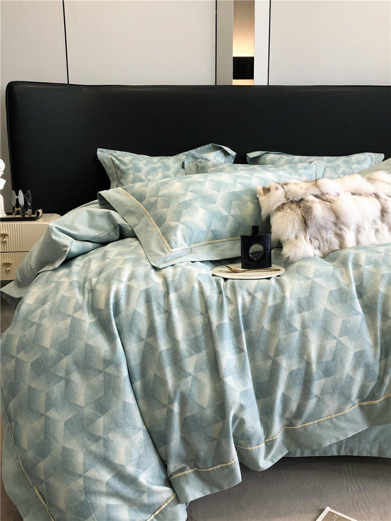 HKM-983763 Geometric Floral Long-Staple Cotton Four-Piece Bedding Set for Twin and Full Beds