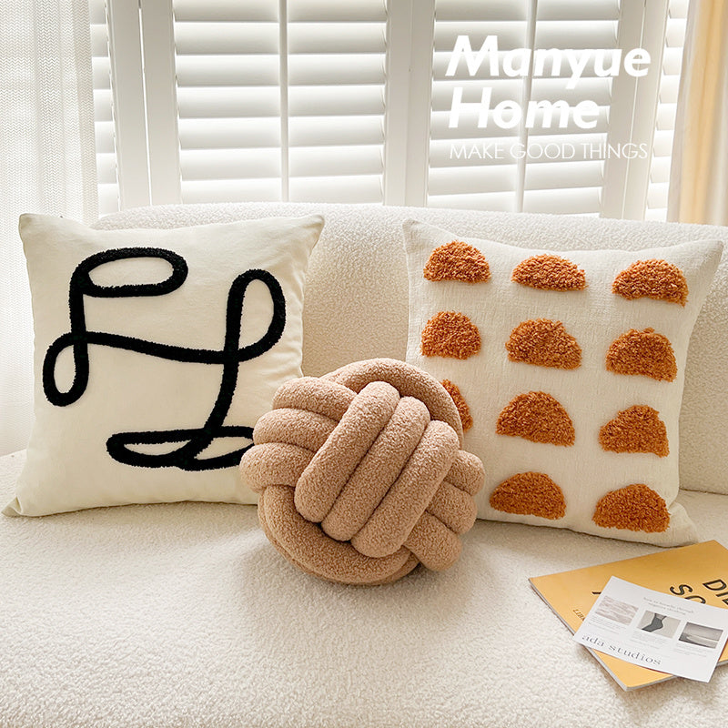 HKM-985107 Nordic Puff Balls Pillow Cushion - 45x45cm Semicircle and Geometric Design in Milk Tea