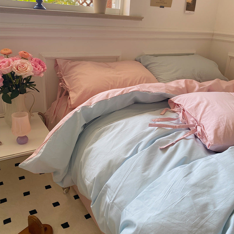 HKM-985299 Washed Cotton Four-Piece Bedding Set - Soft Solid Color Design for Comfort and Style