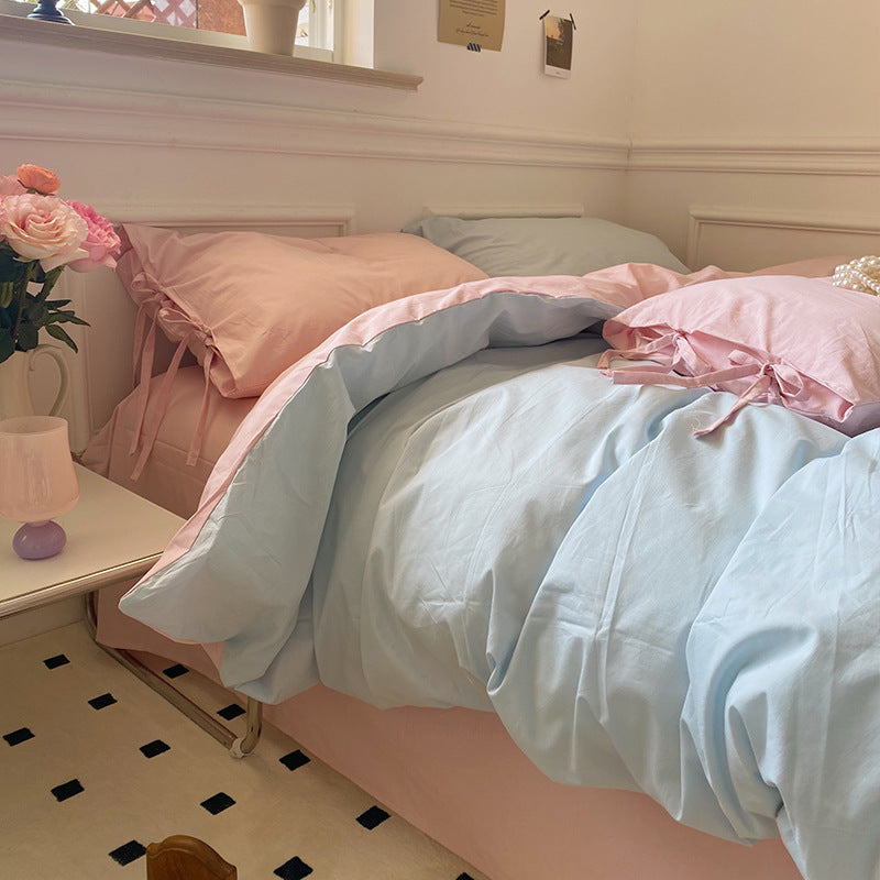 HKM-985299 Washed Cotton Four-Piece Bedding Set - Soft Solid Color Design for Comfort and Style