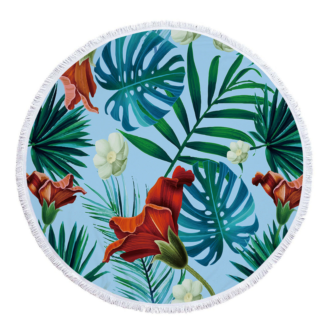 HKM-986131 Tropical Leaves Microfiber Round Beach Towel - 150cm x 150cm
