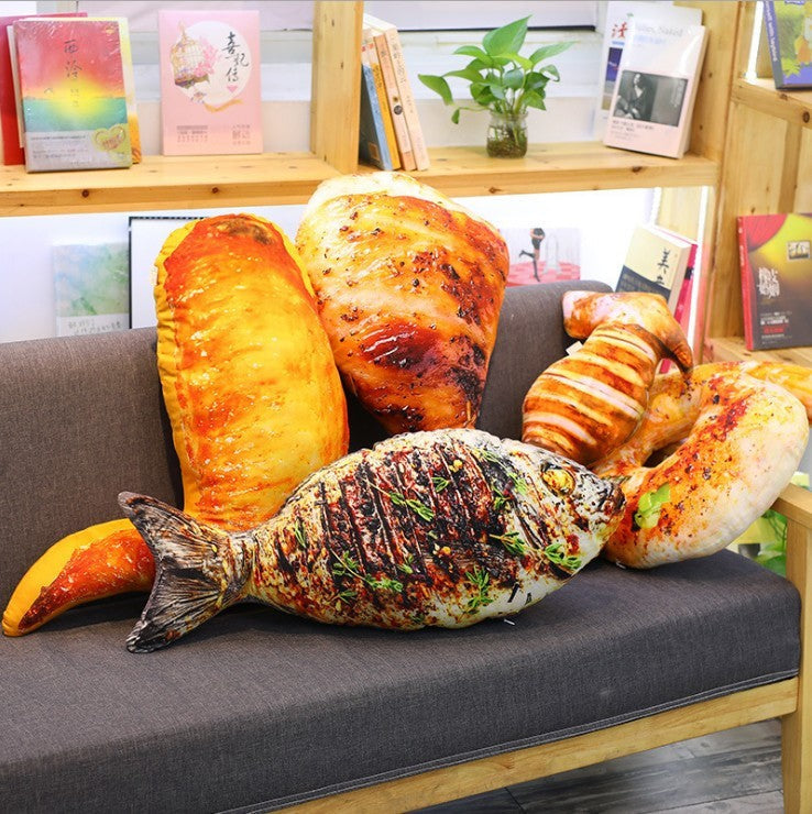 HKM-986515 Food-Themed Plush Pillows - Creative Simulation Designs of Chicken Leg, Grilled Fish, Shrimp, Squid, and Chicken Wings