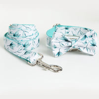 HKM-987283 Tropical Leaves Dog Collar and Leash Set with Bow Tie, Durable 100% Cotton and Quick Release Buckle