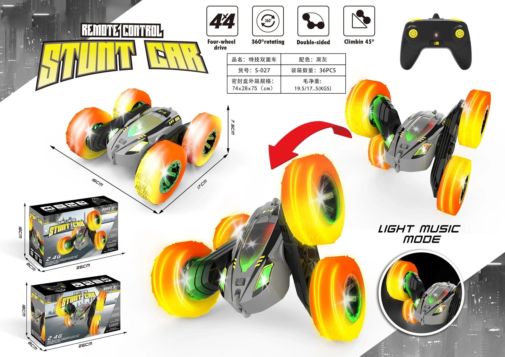 HKM-987859 Remote Control 2.4GHz Stunt Car with 360 Degree Rotation and Lights - Off-Road Drift Vehicle for Ages 5 and Up