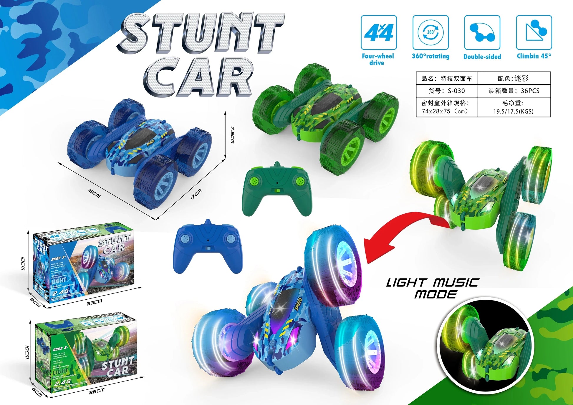 HKM-987859 Remote Control 2.4GHz Stunt Car with 360 Degree Rotation and Lights - Off-Road Drift Vehicle for Ages 5 and Up