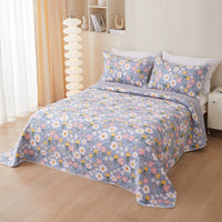 HKM-988435 Cotton Twill Quilted Bedspread Set with Floral Pattern - 3-Piece Bedding Ensemble
