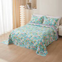HKM-988435 Cotton Twill Quilted Bedspread Set with Floral Pattern - 3-Piece Bedding Ensemble