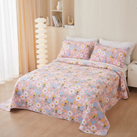 HKM-988435 Cotton Twill Quilted Bedspread Set with Floral Pattern - 3-Piece Bedding Ensemble