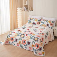 HKM-988435 Cotton Twill Quilted Bedspread Set with Floral Pattern - 3-Piece Bedding Ensemble