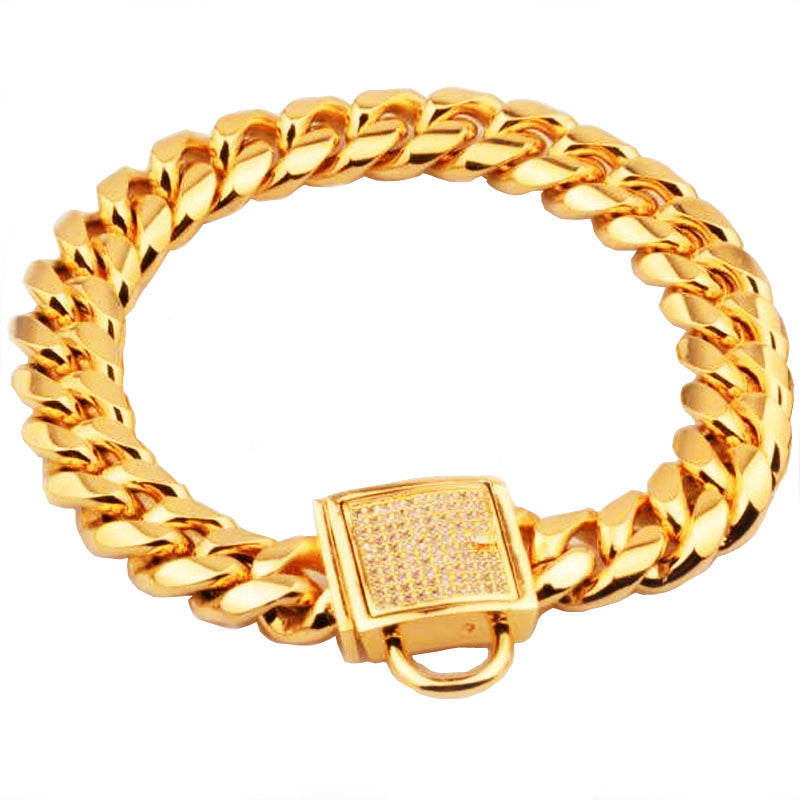 HKM-988435 Titanium Steel Gold Dog Collar with Encryption Chain Buckle – Multiple Sizes Available