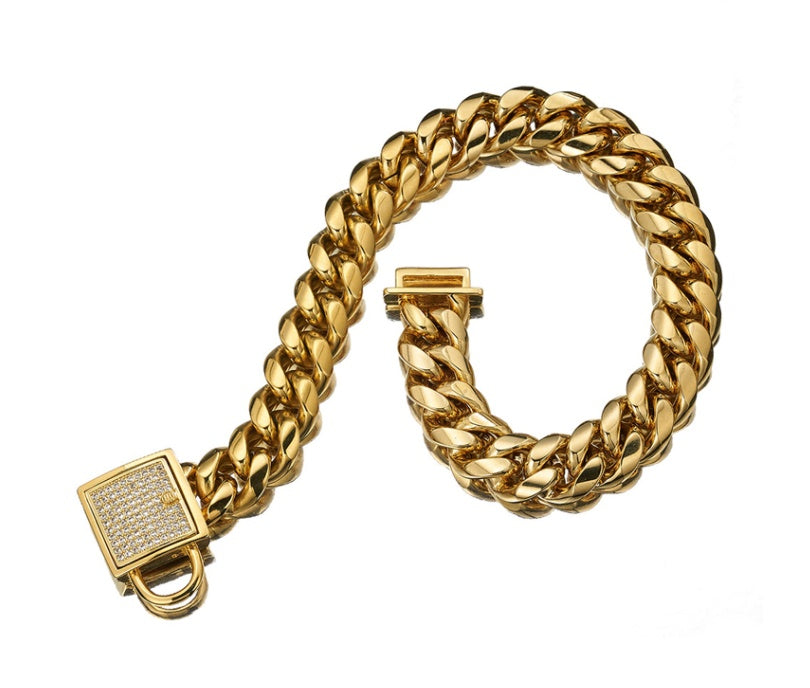HKM-988435 Titanium Steel Gold Dog Collar with Encryption Chain Buckle – Multiple Sizes Available