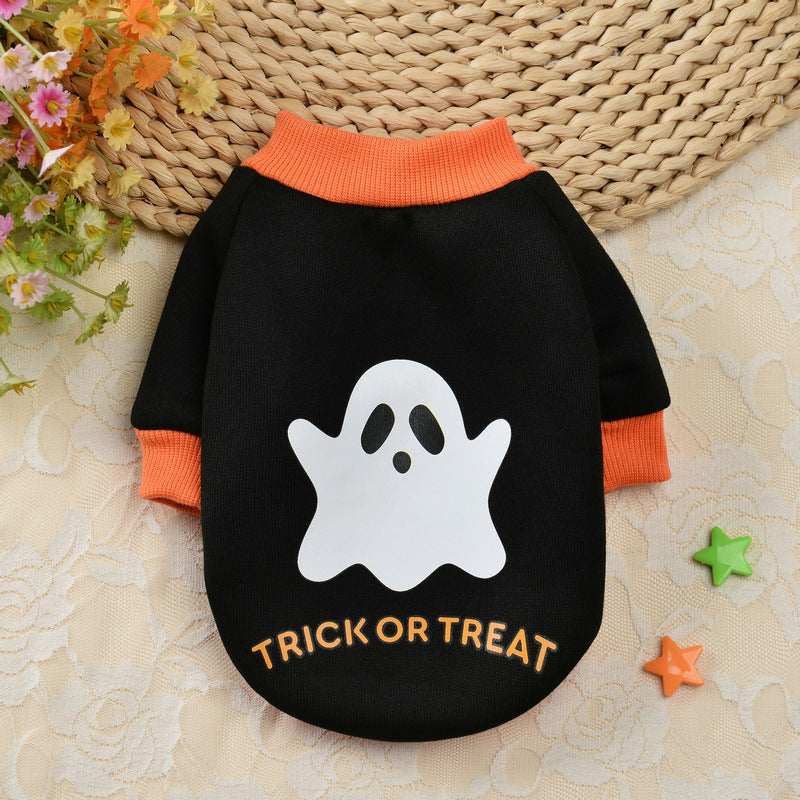 HKM-989395 Adorable Pumpkin Skull Sweater for Small Dogs – Autumn & Winter Fashion in Yellow, Black, and Purple