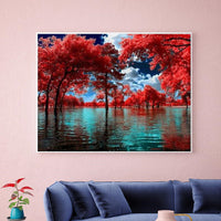 HKM-989587 Ruby Red Leaf Tree Diamond Painting Kit - 40x30 Full Drill Craft, Handmade Art Project