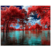 HKM-989587 Ruby Red Leaf Tree Diamond Painting Kit - 40x30 Full Drill Craft, Handmade Art Project