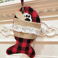 HKM-990355 Christmas-Themed Pet Socks with Bone and Fish Patterns in Black and Red Grid
