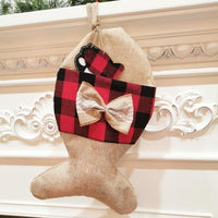 HKM-990355 Christmas-Themed Pet Socks with Bone and Fish Patterns in Black and Red Grid