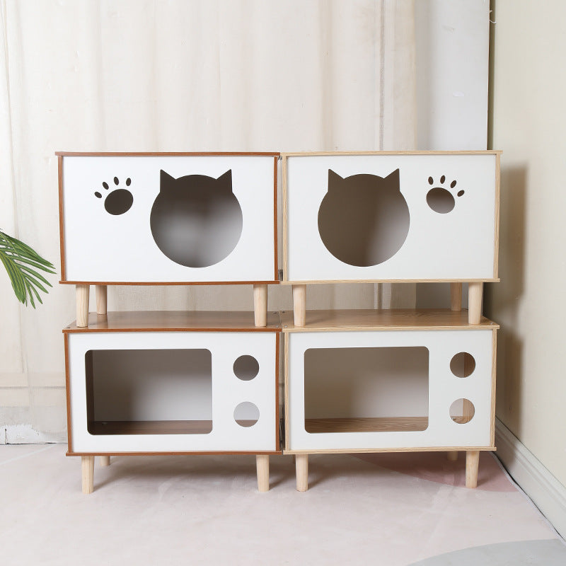 HKM-990547 Pet Wooden Nest Bedside Table for Cats in Various Wood Colors