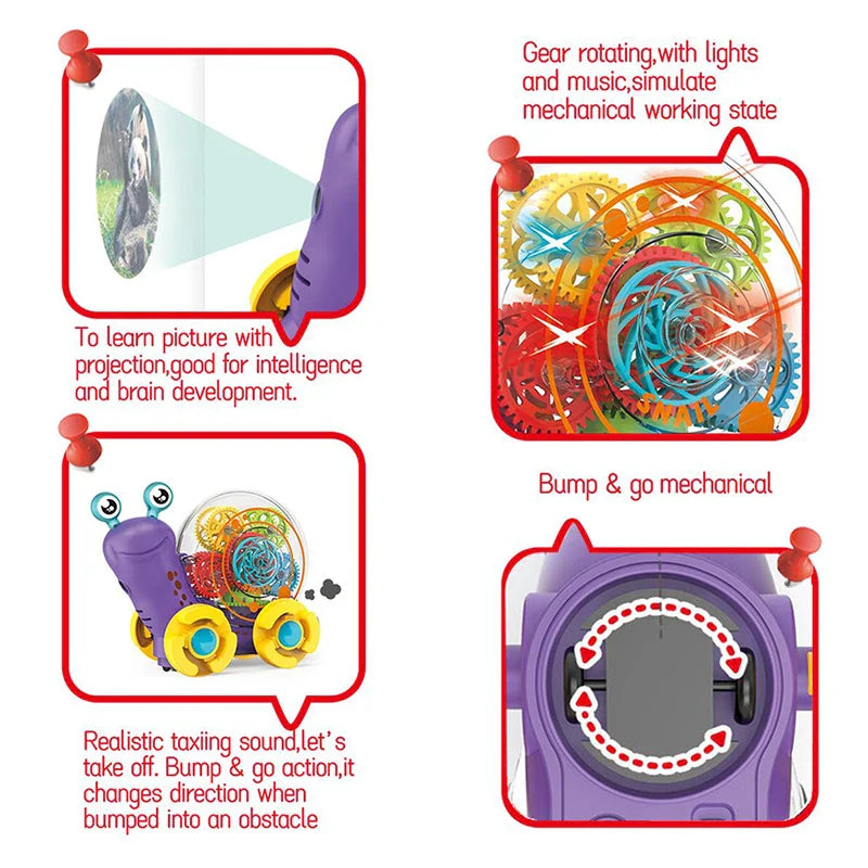 HKM-990995 Transparent Rotating Musical Projection Snail Toy for Children Ages 3+ - 360° Flashing Light Fun