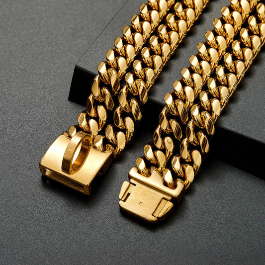 HKM-992915 Titanium Steel Double Row Metal Dog Chain Collar, 14mm Width – Available in 16, 18, 21, 24 Inches