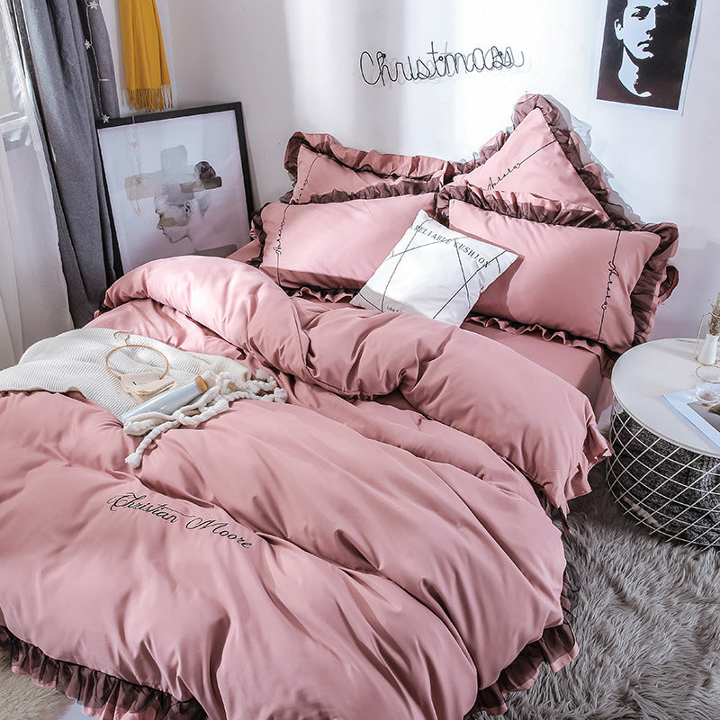 HKM-993043 Solid Color Sanding Bed Set of Four - Plush Acetate Fiber with Quilt Cover, Sheet, and Pillowcases