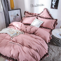 HKM-993043 Solid Color Sanding Bed Set of Four - Plush Acetate Fiber with Quilt Cover, Sheet, and Pillowcases