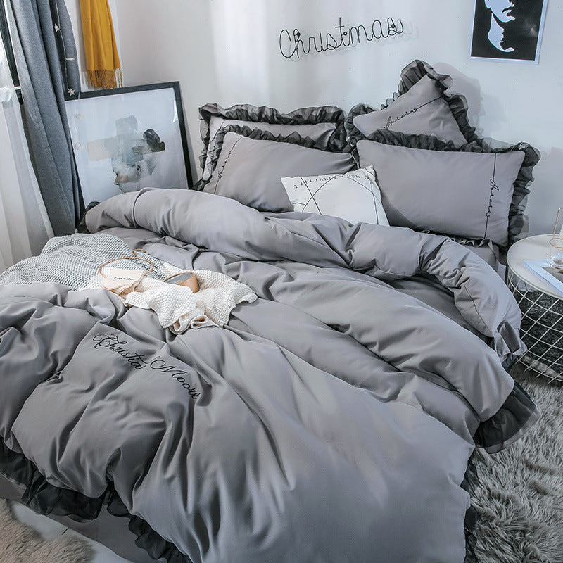 HKM-993043 Solid Color Sanding Bed Set of Four - Plush Acetate Fiber with Quilt Cover, Sheet, and Pillowcases