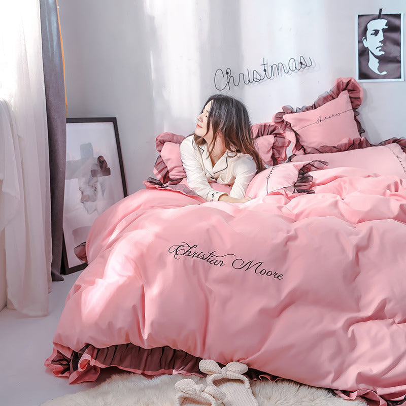 HKM-993043 Solid Color Sanding Bed Set of Four - Plush Acetate Fiber with Quilt Cover, Sheet, and Pillowcases