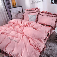 HKM-993043 Solid Color Sanding Bed Set of Four - Plush Acetate Fiber with Quilt Cover, Sheet, and Pillowcases