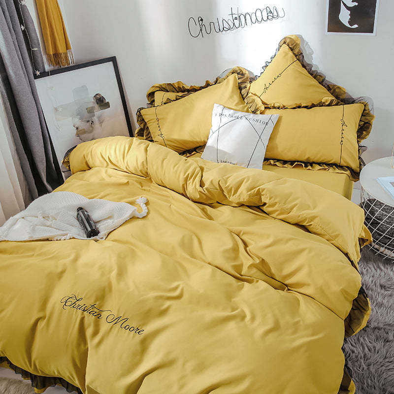 HKM-993043 Solid Color Sanding Bed Set of Four - Plush Acetate Fiber with Quilt Cover, Sheet, and Pillowcases