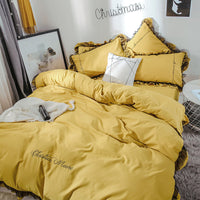 HKM-993043 Solid Color Sanding Bed Set of Four - Plush Acetate Fiber with Quilt Cover, Sheet, and Pillowcases