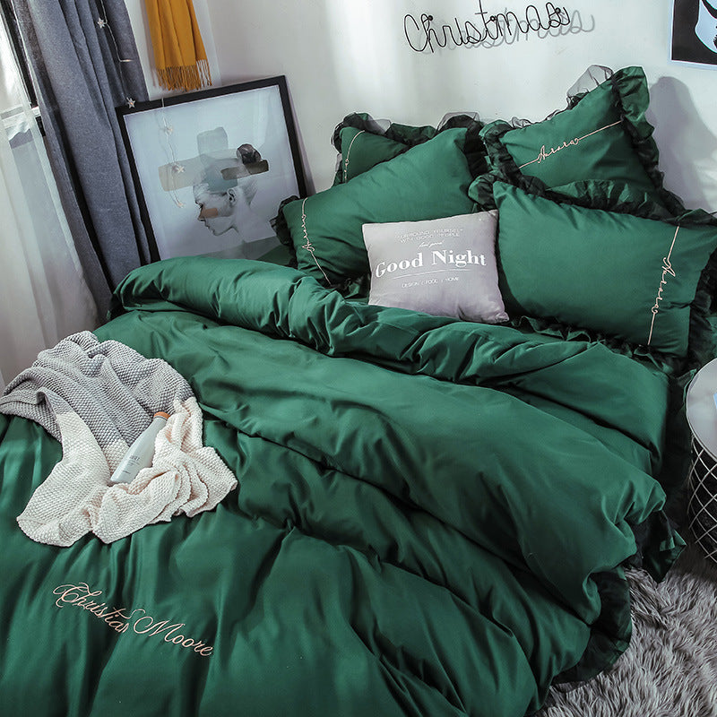 HKM-993043 Solid Color Sanding Bed Set of Four - Plush Acetate Fiber with Quilt Cover, Sheet, and Pillowcases