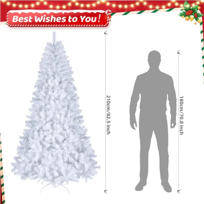 HKM-993171 7ft White Automatic Christmas Tree with 1346 Branches, 500 Cool Color Lights, 8 Modes, PVC Material