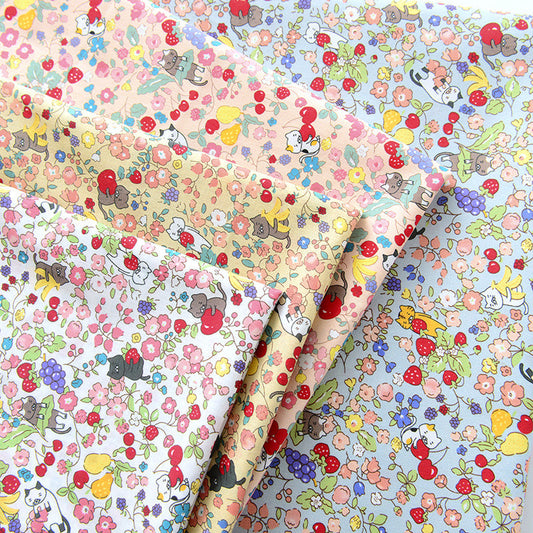 HKM-993363 Pastel Cotton Cartoon Floral Fabric – Light Pink, Light Blue, White, Beige, 50x145cm