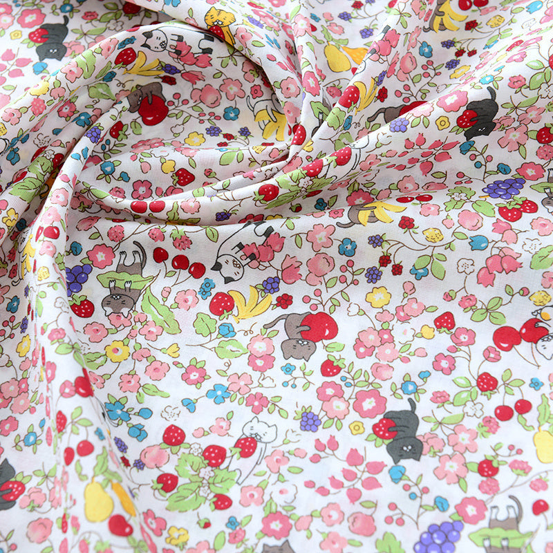 HKM-993363 Pastel Cotton Cartoon Floral Fabric – Light Pink, Light Blue, White, Beige, 50x145cm