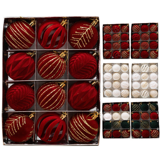 HKM-994323 Christmas Red Flocking Colored Drawing Balls - 12 Pack, 6cm Size, Various Styles Available