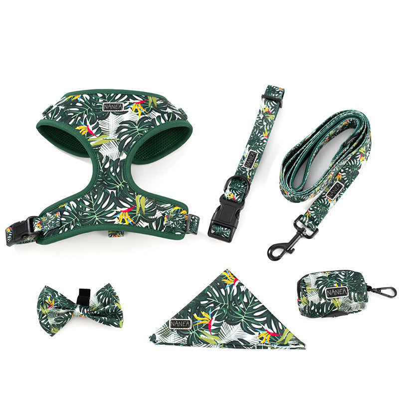 HKM-994387 Adjustable Pet Harness Set with Leash, Collar, Waste Bag, Bow Tie, and Triangle Scarf
