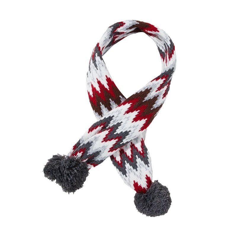 HKM-994451 Cozy Red and Gray Striped Christmas Pet Scarf with Snowflake Fur Ball