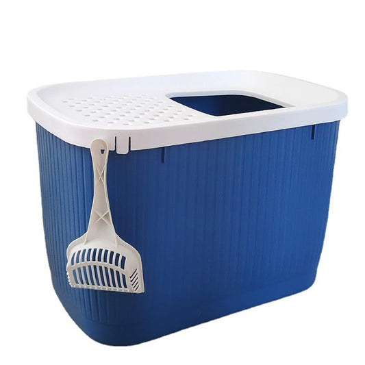 HKM-995027 Oversized Top-Entry Litter Box for Cats - Fully Enclosed, Space-Saving Design in Blue, Gray, Pink
