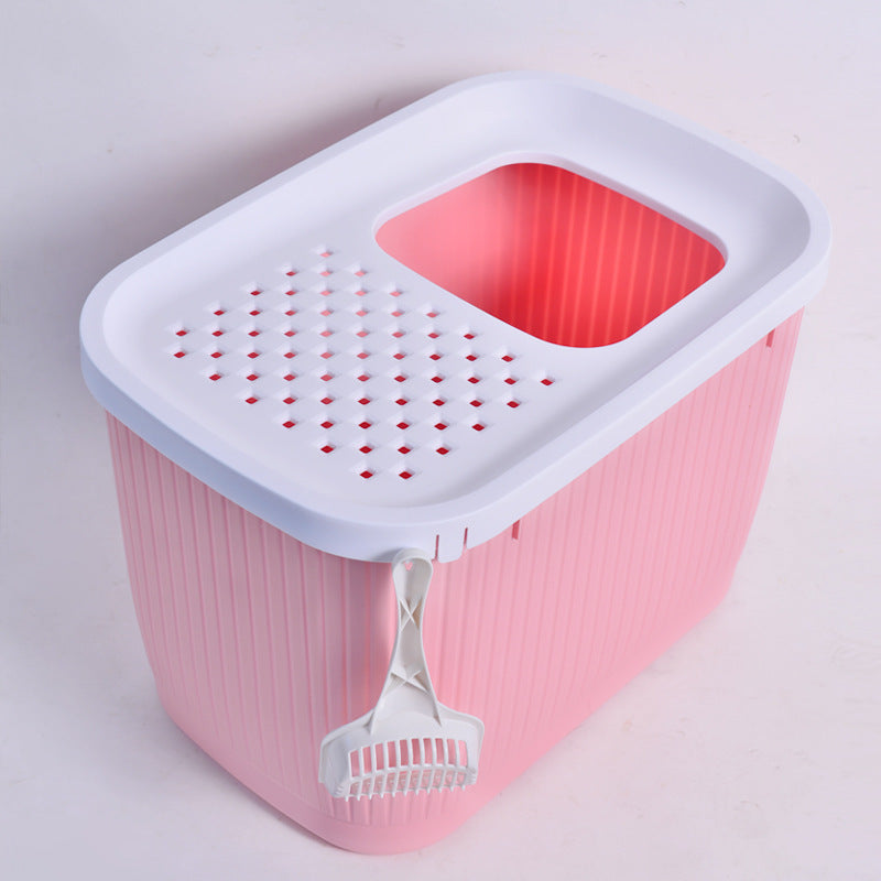 HKM-995027 Oversized Top-Entry Litter Box for Cats - Fully Enclosed, Space-Saving Design in Blue, Gray, Pink