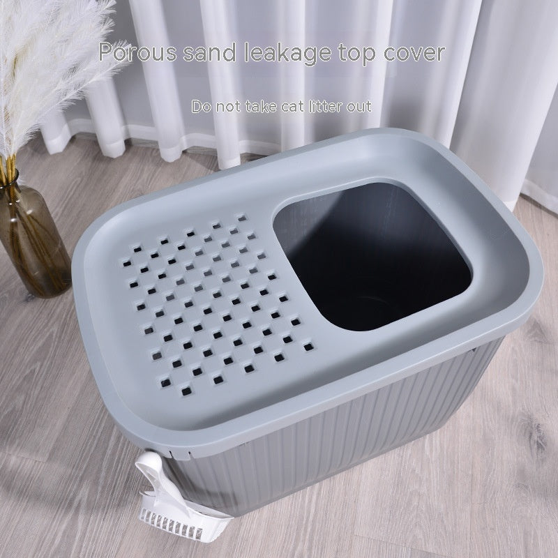 HKM-995027 Oversized Top-Entry Litter Box for Cats - Fully Enclosed, Space-Saving Design in Blue, Gray, Pink