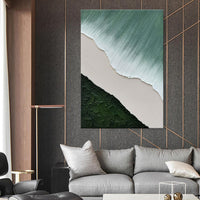 HKM-995283 Handmade Abstract Oil Painting on Canvas - Green and White Waves for Home Decor
