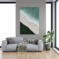 HKM-995283 Handmade Abstract Oil Painting on Canvas - Green and White Waves for Home Decor