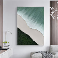 HKM-995283 Handmade Abstract Oil Painting on Canvas - Green and White Waves for Home Decor