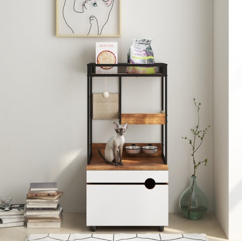 HKM-995347 Cat Litter Box Enclosure with Cat Tree Tower, American Design Furniture in White and Vintage Finish