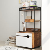 HKM-995347 Cat Litter Box Enclosure with Cat Tree Tower, American Design Furniture in White and Vintage Finish